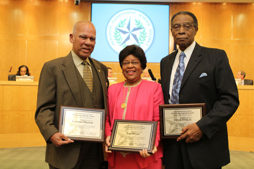Trustee Lawrence Marshall (left) and administrators Faye Bryant (center) and Felix Cook were honored as HISD's Living Legends.